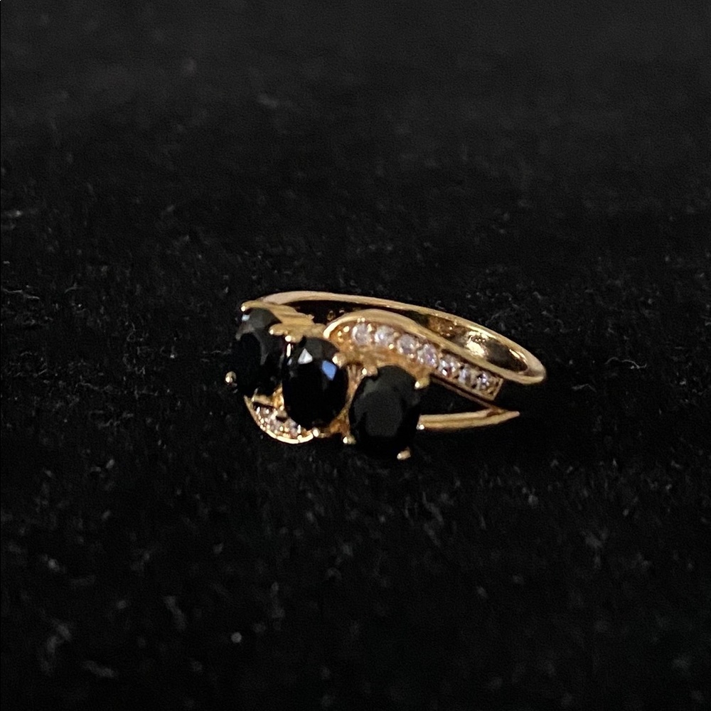 Sz 7 STAMPED 925 14 K GF 3 BLACK SAPPHIRES RING - Picture 8 of 11
